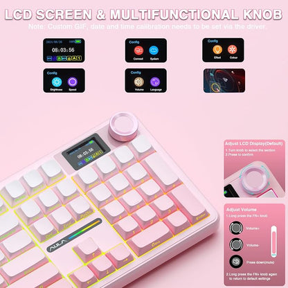 AULA F108 PRO - Wireless Mechanical Keyboard with Screen & Knob,Full Size Keyboard with 8000mAh Battery,Pre-lubed Switches,Side Printed PBT Keycaps,RGB Backlit Hot Swappable Custom Pink Keyboards