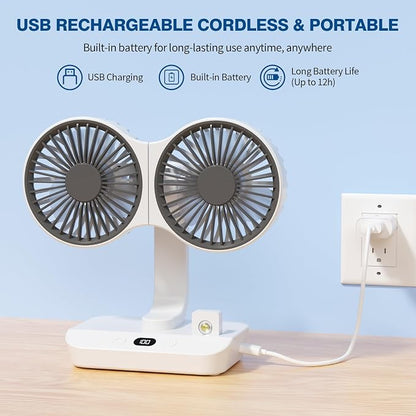 Morelax Dual Head Desk Fan with LED Light, USB Rechargeable Portable Mini Fan, Quiet Desktop & Wall-Mounted Fan, Multi-Angle Rotation, 4 Speeds, for Bedroom, Home, Office, Camping