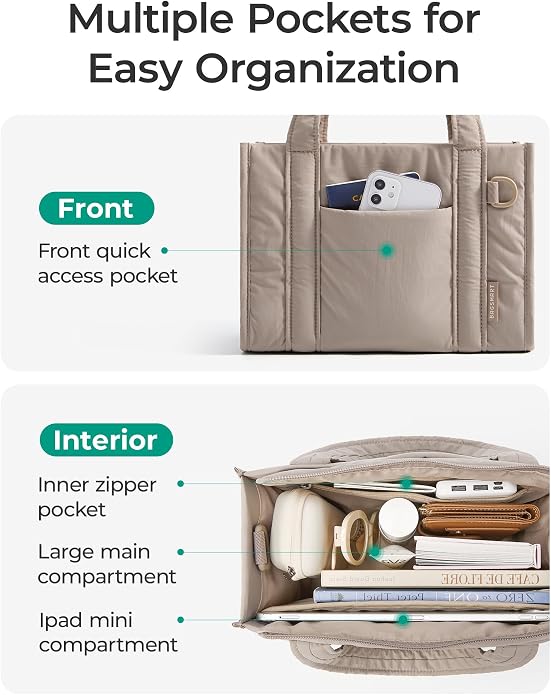 BAGSMART Boxy Tote Bag for Women, Crossbody Work Bag with Zipper | 3 Sizes Small Mini Tote Bag, Inner Tumbler Pocket Crush Bow Should Bag for Travel Work College