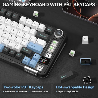 SOLAKAKA A75 PRO Black Gaming Keyboard 75% Wireless Mechanical with Screen and Knob, RGB Backlit Hot Swappable Gasket Pre-lubed PBT Keycaps for PC/Mac/Win