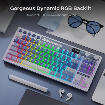 RK ROYAL KLUDGE M87 Wireless Gaming Keyboard with Screen & Dual Knobs, Blue | Bluetooth/2.4G/Wired, Hot Swappable Cream Switches, 5-Layer Noise Dampening Gasket Structure,Compact 75% Size for PC/WIN/Mac