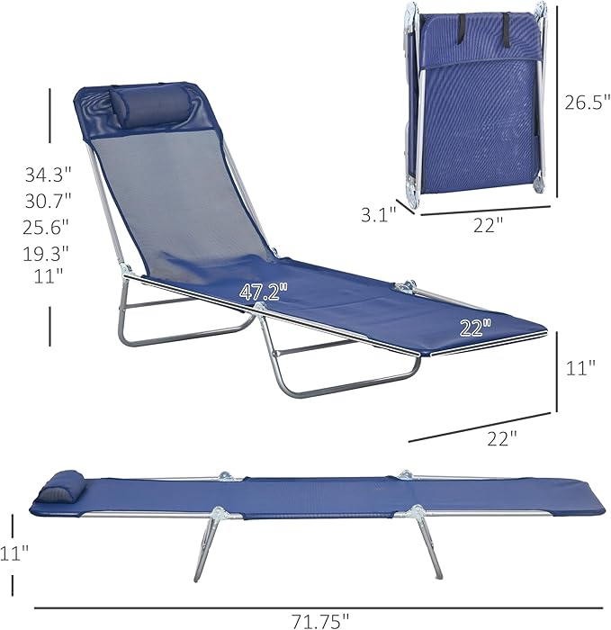 Outsunny 2 Piece Folding Chaise Lounge Chairs, Pool Sun Tanning Chairs with Reclining Back, Breathable Mesh Seat, Headrest for Beach, Yard, Patio, Dark Blue