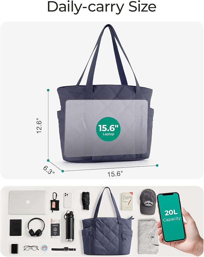 BAGSMART Crush Tote Bag for Women, 20L Puffer Work Tote with Zipper | Quilted Nurse Hospital Bag For Travel College Gym