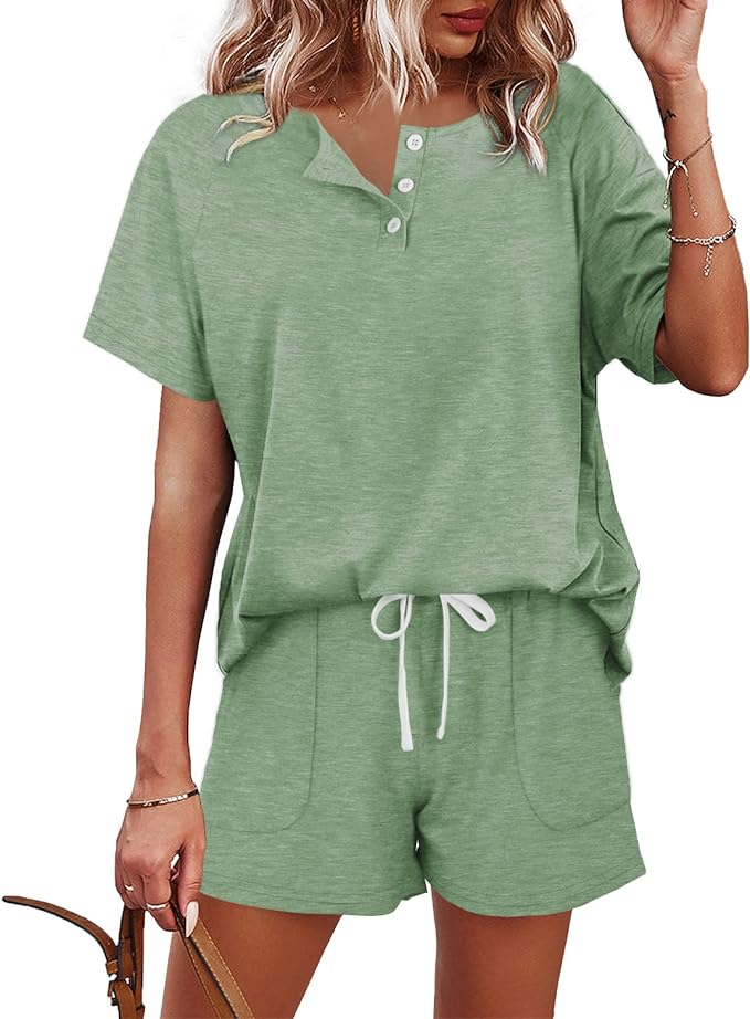 WIHOLL Two Piece Outfits for Women Lounge Sets Button Down Top and Shorts Set Sweatsuits with Pockets