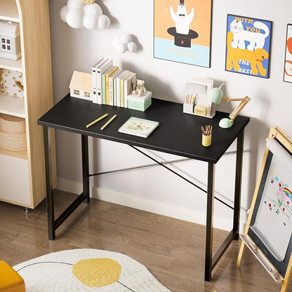 Sweetcrispy Small Computer Desk, 44" Office Writing Desk with Metal Frame & Wooden Tabletop, X-Shaped Reinforcement, Student Study Workstation for Home Bedroom, Black