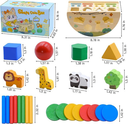 Montessori Busy Box for Toddlers 1-3, Wooden Object Permanence Coin Box with Shape Sorter & Animal Matching, Fine Motor Sensory Learning Toy with Wobble Base, Gift for 1 2 3 Year Old
