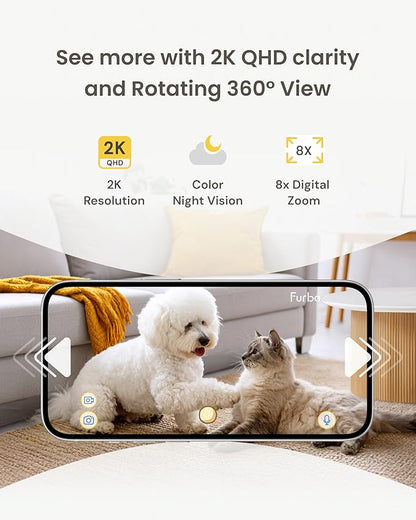Furbo Mini 360° 2K QHD Pet Camera: Basic See, Talk & Toss Features, No AI Alerts, No Subscription Required, Dog & Cat Rotating Treat Dispenser w/Phone App, Smart Indoor Cam, 2-Way Audio & Night Vision