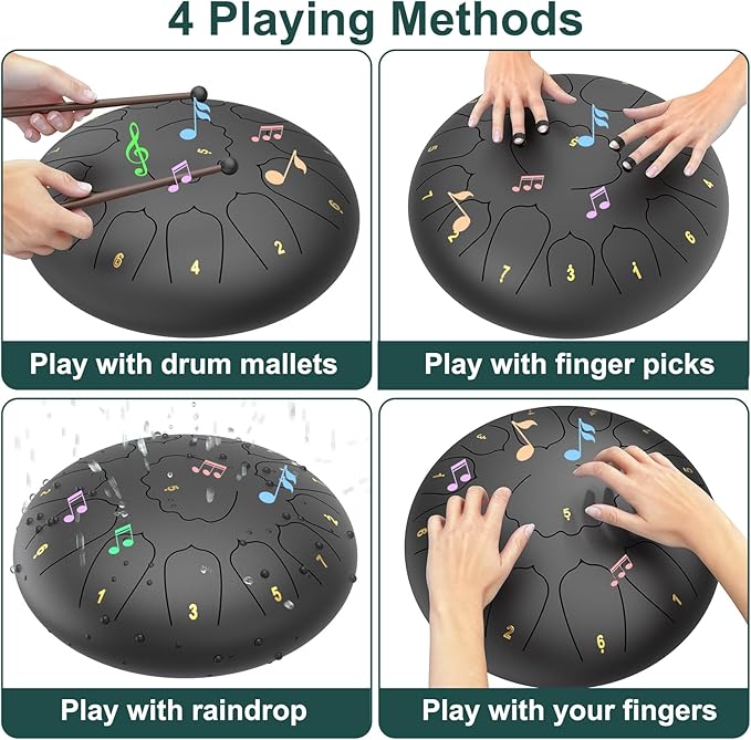 Large Steel Tongue Drum Handpan: 12 Inches 13 Notes Rain Drums for Outside Garden, Meditation Hand Pan with Music Book, Mallets and Carry Bag, Musical Instrument for Adult Kid Gift (Black)