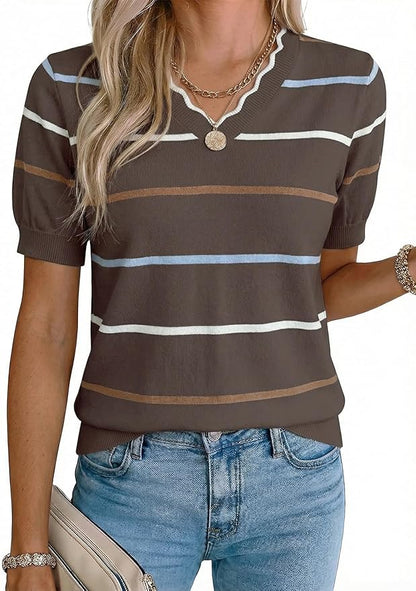 Dokotoo Womens Summer Short Sleeve Knit Tops 2026 Spring Trendy Casual V Neck Striped Sweater Blouses