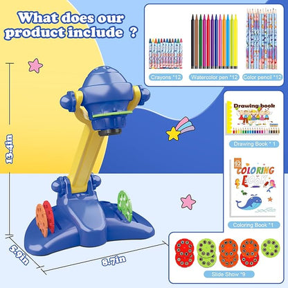Sumsoltic Drawing Projector for Kids, Art and Craft Kit,Including Colored Pencils, Crayons, Coloring Books, Toys for 3+ Year Old Boys (Blue Drawing Kit v2)