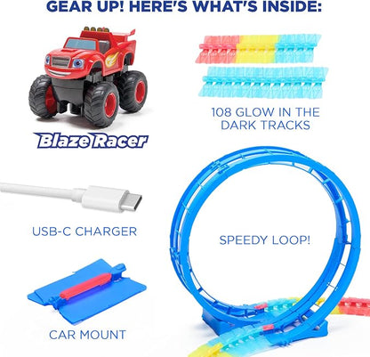 Blaze and The Monster Machine Race Track Set - 117-Piece STEM Playset with Flexible Glow Tracks - Official Nickelodeon Toys for Kids Ages 3 to 8 - Birthday Gifts for Boys & Girls by JitteryGit (Red)