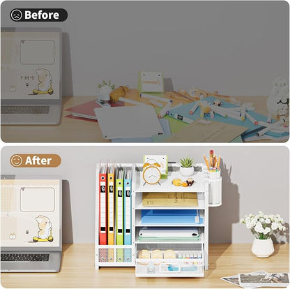 Marbrasse Desk Organizer with File Holder, 5-Tier Paper Letter Tray Organizer with Drawer and 2 Pen Holder, Mesh Desktop Organizer and Storage with Magazine Holder for Office Supplies (Wood-White)