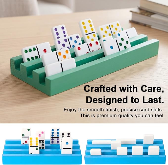 Soulchen Multicolor Wooden Domino Racks Set of 4, Wood Domino Tiles Trays Holders Organizer for Mexican Train Classic Board Accessories, Dominoes Not Included (7.1 x2.8 Inch)