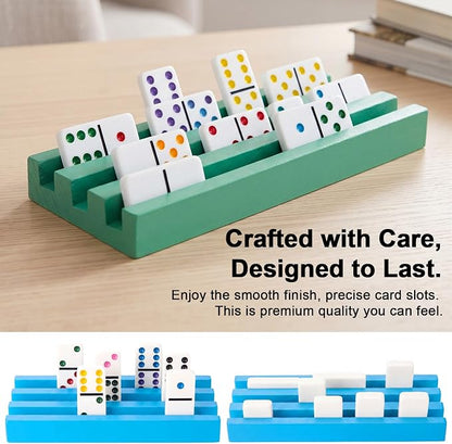 Soulchen Multicolor Wooden Domino Racks Set of 4, Wood Domino Tiles Trays Holders Organizer for Mexican Train Classic Board Accessories, Dominoes Not Included (7.1 x2.8 Inch)