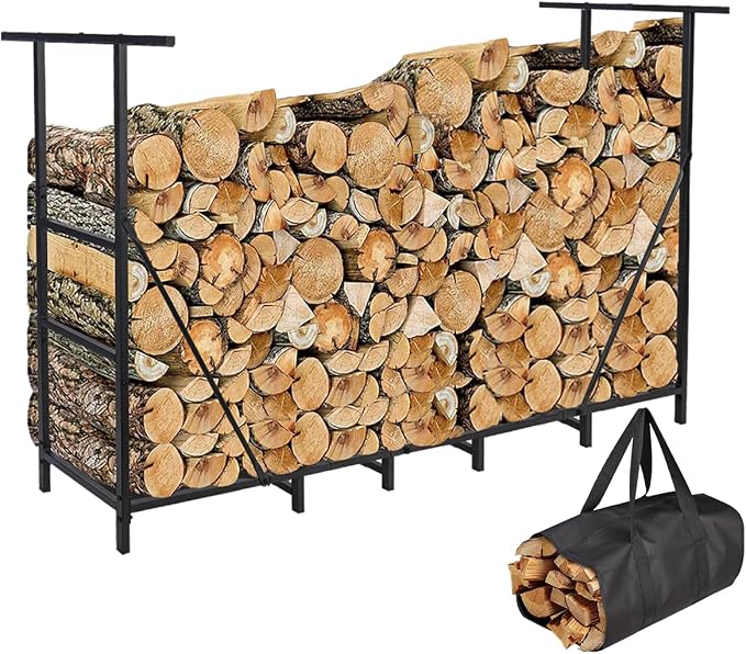 Vailge Firewood Rack Outdoor 6FT with Waterproof Firewood Carrier Bag, Adjustable Heavy Duty Steel Firewood Holder Storage, Log Rack for Fireplace, Fire Pit, Backyard, Camping