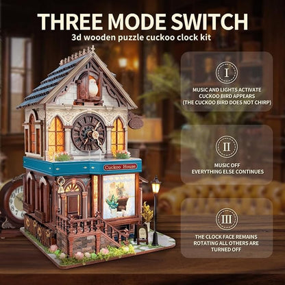 3D Wooden Puzzles for Adults DIY Mini House Model Kits to Build, Room Home Decor 3-d Puzzle Wooden Clock Craft Kits Miniature House kit Gifts for Family, Friends- Cuckoo House (SQ-61)