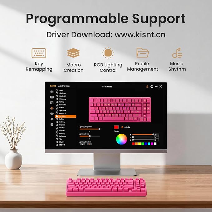Kisnt KN85 Wireless Silent Mechanical Keyboard, 75% Layout, Bluetooth/2.4GHz/USB-C, Custom RGB Backlit, Hot Swappable, Quiet Typing for Windows/Mac/PC (Berry Red)