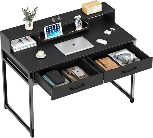Computer Desk with Drawers, 47" Home Office Desk with Monitor Shelf, Writing Desk with Storage, Gaming Desk Work Desk Study Desk for Bedroom, Black