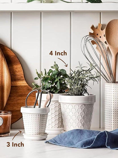 LE TAUCI 3 Inch Mini Succulent Pots - Very Small Ceramic Planter with Saucer, Tiny Embossed Flower Pots for Lithops, Mini Cactus, Air Plants, Fairy Gardens - Indoor Home Decor, Set of 4, Arctic White