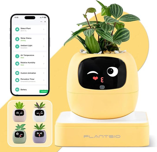 Upgraded AI Smart Flower Pot Multi-Emotion Interactive Digital Display Self Watering Planter Robot Flower Pot Supports 50+ Plants Decor for Desk Home Pet Office(Yellow)