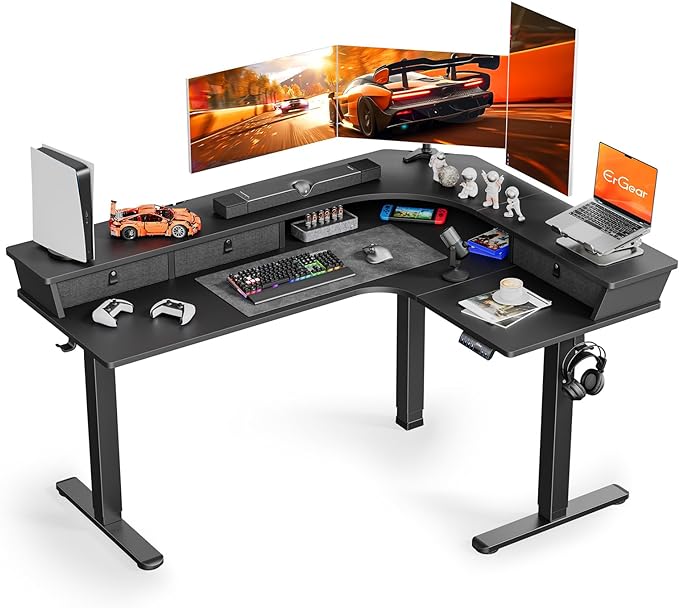 ErGear 65″ L Shaped Gaming Desk with 3 Drawers, Standing Desk Height Adjustable w/Monitor Shelf [C-Clamp Mount Compatible], Corner Stand up Desk w/Cable Management Trays for Home Office, Black
