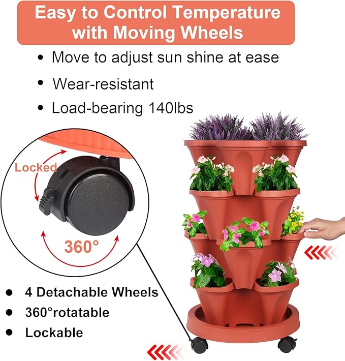 DUNCHATY Stackable Planters 4 Tier Vertical Garden Planting Tower Planters Strawberry, Herb, Flower, and Vegetable Planter Indoor Outdoor Gardening Pots with Removable Wheels and Tools, 2 Bundle