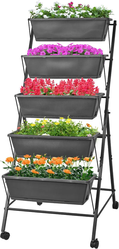 GENMOUS 5 Tier Raised Garden Bed Tall 45FT Vertical Elevated Garden Planter Standing Garden Bed Planter Box with Drainage Holes Removable Tray Outdoor Herb Planter Stand on Patio Balcony Porch Black