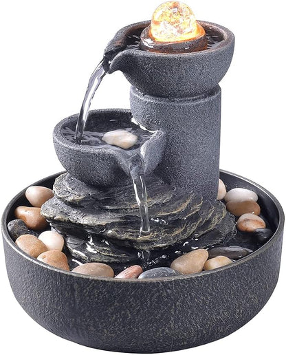 GOSSI Tabletop Water Fountain 2-Tier Indoor Waterfall Fountain with LED Light, Cobblestone & Glass Rolling Ball, Soothing Meditation Sounds for Office & Home Decor