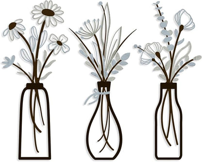 3 Pieces Metal Vase Flowers Wall Arts - Rustic Farmhouse Style Décor Metal Wall Art Black Minimalist Flower Natural Themed Wall Decors for Home Bedroom Dining Room Housewarming (Brown-Blue, Vase-C)