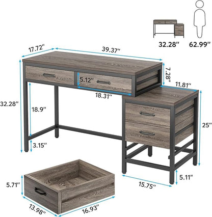 Tribesigns Computer Desk with 5 Drawers, Reversible Home Office Desks | Small Desk with Drawer Cabinet Printer Stand, PC Desk with Storage, Grey Study Writing Table Workstation for Small Spaces