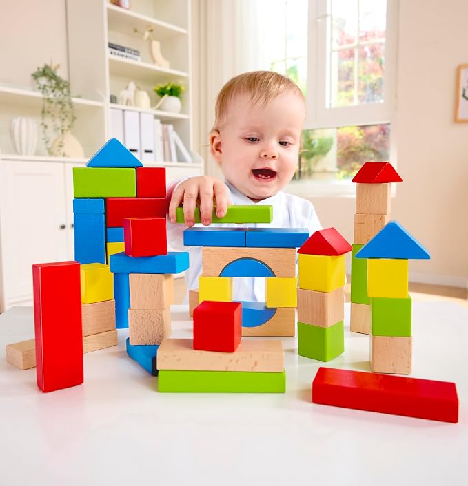 Hape Maple Wood Kids Building Blocks Stacking Wooden Block Educational Toy Set for Toddlers, 50 Brightly Colored Pieces in Assorted Shapes and Sizes