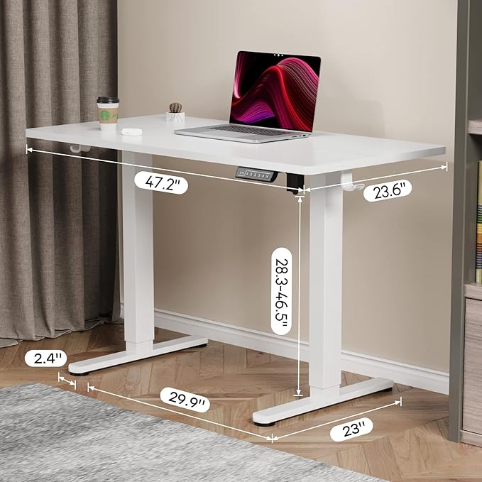 White Standing Desk, 48 X 24 Inch Adjustable Height Electric Desk, Sit Stand Desk with Splice Board and 2 Hooks, Ergonomic Rising Desk for Home Office
