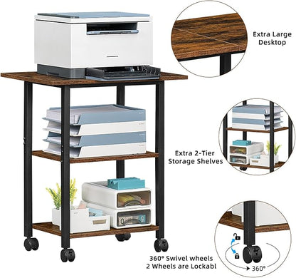 Lerliuo 3-Tier Printer Stand, Industrial Mobile Printer Table with Storage Shelf and Steel Frame, Rolling Printer Cart Holder with Lockable Wheels for Home, Office (Brown)
