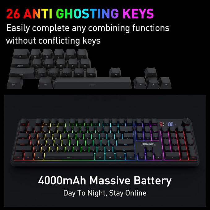 Redragon K526 PRO Wireless RGB Membrane Gaming Keyboard, LED Screen & Knob | See Battery, Mode & Time at a Glance, 0-Delay Tri-Mode, One-Touch Backlit & Media Adjust, 26-Key Anti-Ghost for Combo-Strike