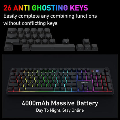 Redragon K526 PRO Wireless RGB Membrane Gaming Keyboard, LED Screen & Knob | See Battery, Mode & Time at a Glance, 0-Delay Tri-Mode, One-Touch Backlit & Media Adjust, 26-Key Anti-Ghost for Combo-Strike