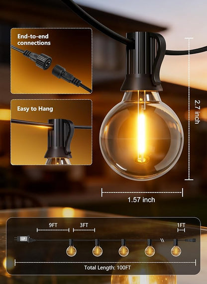 100Ft Outdoor String Lights with Remote, Dimmable G40 LED Bulbs, Waterproof | Shatterproof Connectable Hanging Patio Lights for Porch, Backyard, Bistro, Deck, Balcony, Home, Garden Decor