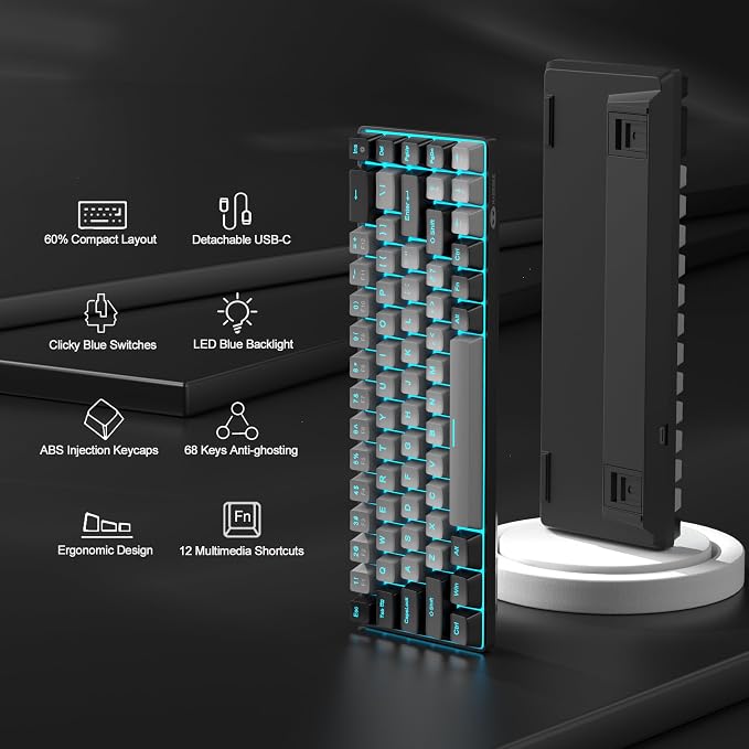MageGee Portable 60% Mechanical Gaming Keyboard, MK-Box LED Backlit Compact 68 Keys Mini Wired Office Keyboard with Blue Switch for Windows Laptop PC Mac - Grey/Black