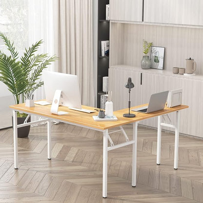 DlandHome Reversible L-Shaped Desk Large Corner Desk Folding Table Computer Desk Home Office Table Computer Workstation, ND11 (Teak + White)