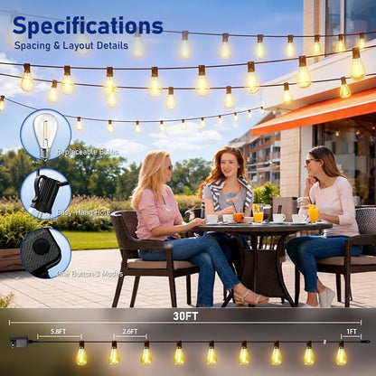 30FT Outdoor String Lights with Remote & Dimmable, 10+1 Shatterproof Waterproof Bulbs, Dimmable Outside Hanging Patio Lights for Backyard, Porch, Deck, Garden 2200K Warm White