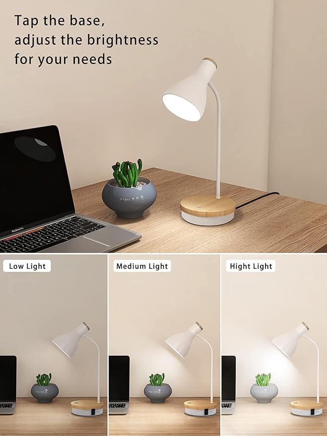 Metal Desk Lamp Touch Reading Lights Table Lamp Arc Desk Lamps for Bedroom, 3 Way Dimmable Bedside Lamp with USB Charging Ports, Reading Lamp for Study Room and Office - (White-02)