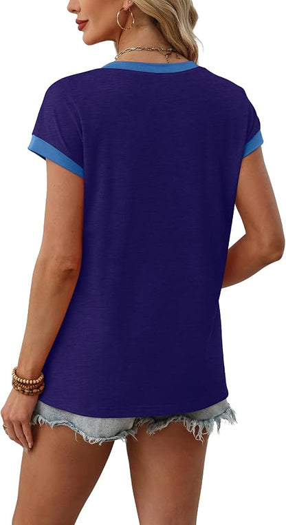 WIHOLL Womens Summer Tops 2026 Cap Short Sleeve Shirs V Neck T Shirts Fashion Beach Vacation Clothes Color Block