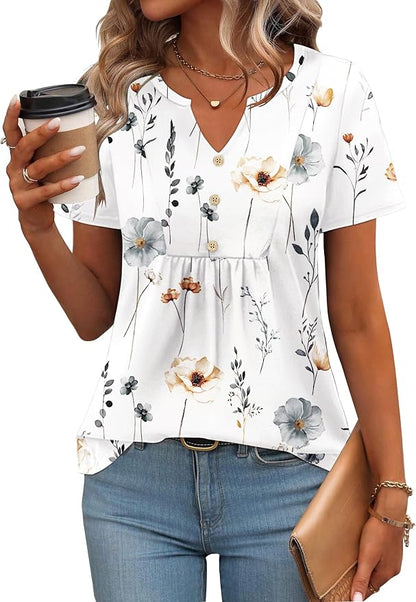 Zeagoo Womens Short Sleeve Tops Summer Henley V-Neck Tshirts Casual Pleated Blouse Dressy Loose Floral Basic Tee