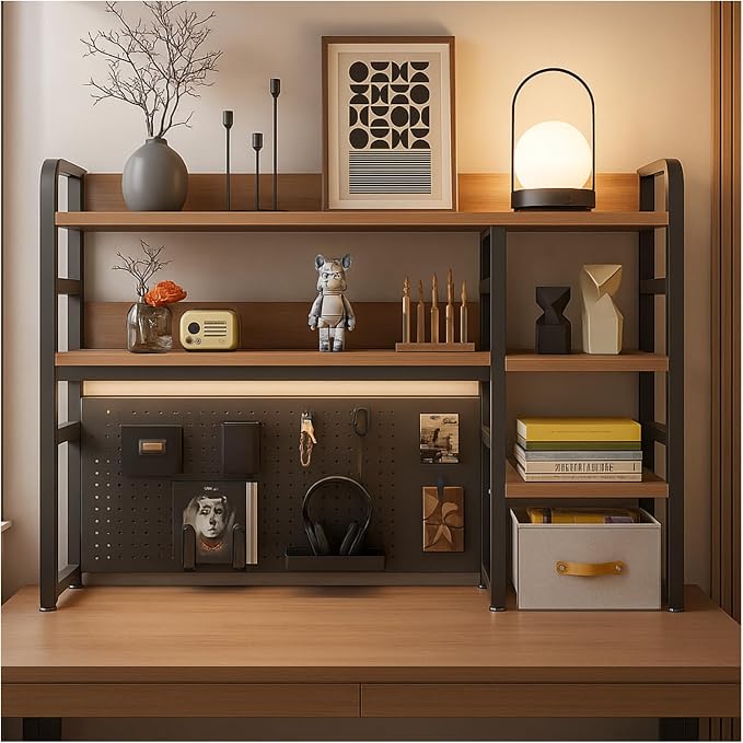 Desktop Bookshelf, pegboard Storage and Organization Rack, Dorm Desk Shelf, Desk Hutch, Desktop Storage for Office, Study, Student Display Rack,Desktop Shelves (Black+Walnut 37.4" Lx9.9 Wx37 H)
