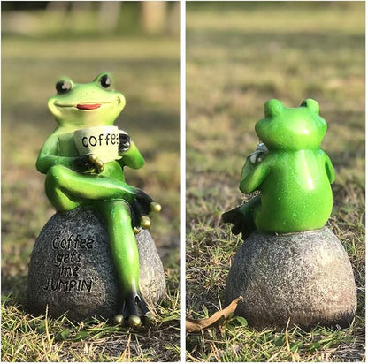 OwMell Frog Statue for Garden, Green Frog Figurine for Outdoor Decor Yard and Garden Decoration Resin Sculpture 6 Inches - Drinking Coffee