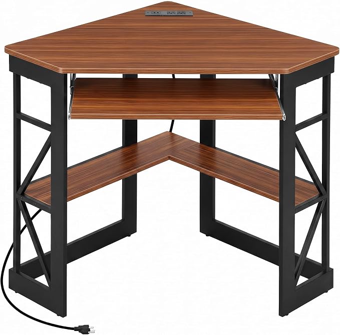 VECELO Corner Desk, Triangle Computer Desk for Small Space with Charging Station and Keyboard Tray, Corner Makeup Table with Storage Shelves for Home Office Bedroom, 41x30, Teak Brown