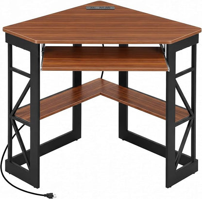 VECELO Corner Desk, Triangle Computer Desk for Small Space with Charging Station and Keyboard Tray, Corner Makeup Table with Storage Shelves for Home Office Bedroom, 41x30, Teak Brown