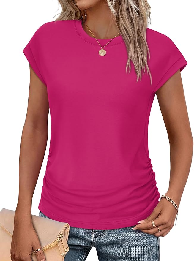 Sampeel Womens Summer Tops Trendy 2026 Ruched Cap Short Sleeve Tshirts Shirts Crew Neck T Shirts Fashion