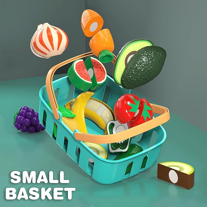 Cutting Play Food Toys For Kids, Pretend Play Kitchen Accessories, Fake Fruits/Vegetables Set With Shopping Storage Basket, Plastic Board And Knife, Birthday Gifts/Educational Toy For Toddler Children