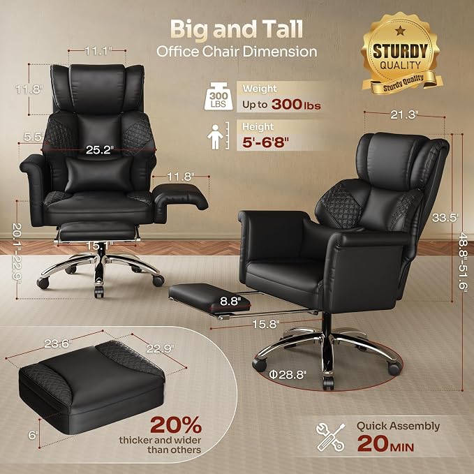 Ergonomic Office Chair with Footrest, Criss Cross Legged Desk Chair with Flip-Up Arms, Wider Thicker Spring Seat, Lumbar Pillow, Pet-Friendly, 500LBS Big and Tall Heavy-Duty Executive Leather Chair