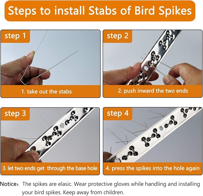 QIEGL Bird Spikes 304 Stainless Steel for Coverage 40Ft Pigeons Anti Bird Spike Small Birds Sparrow 37pcs Metal Fence Spikes (37 Pack Uninstalled)